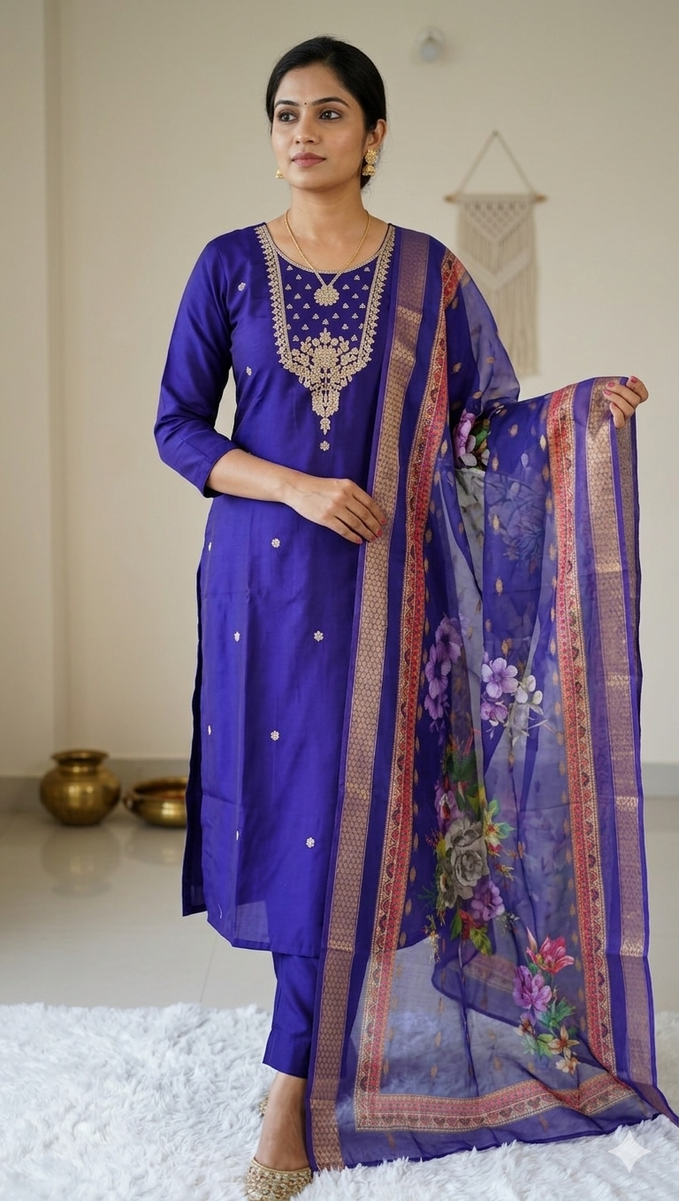 Roman Silk Kurti With Pant & Duppata Set - Image 2