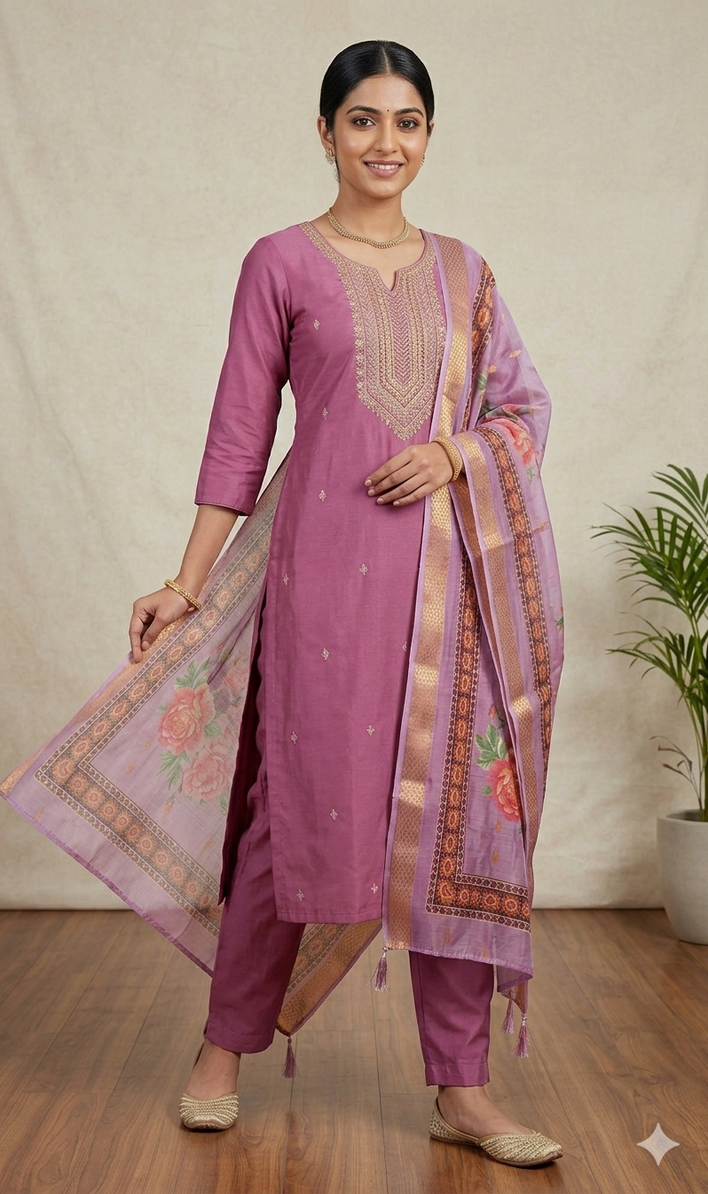 Roman Silk Kurti And Pant & Dupatta Set - Image 2