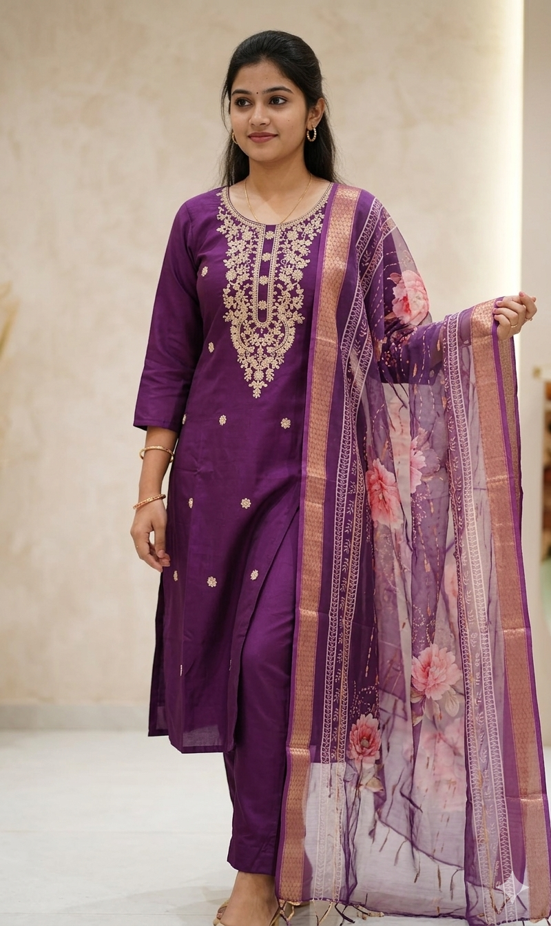 Roman Silk Kurti With Pant & Duppatta Set - Image 2