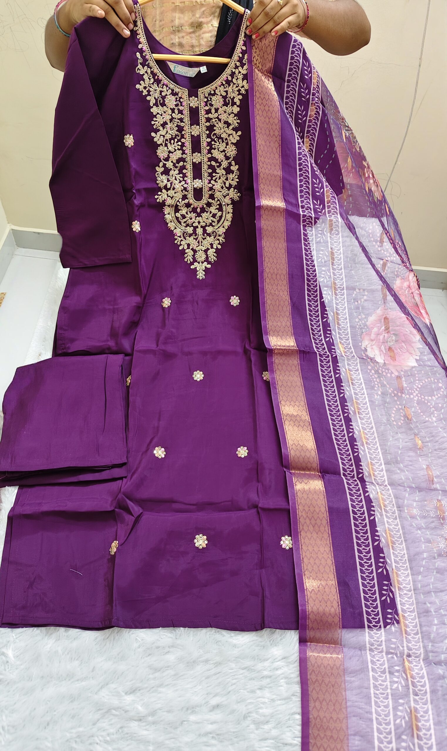 Roman Silk Kurti With Pant & Duppatta Set