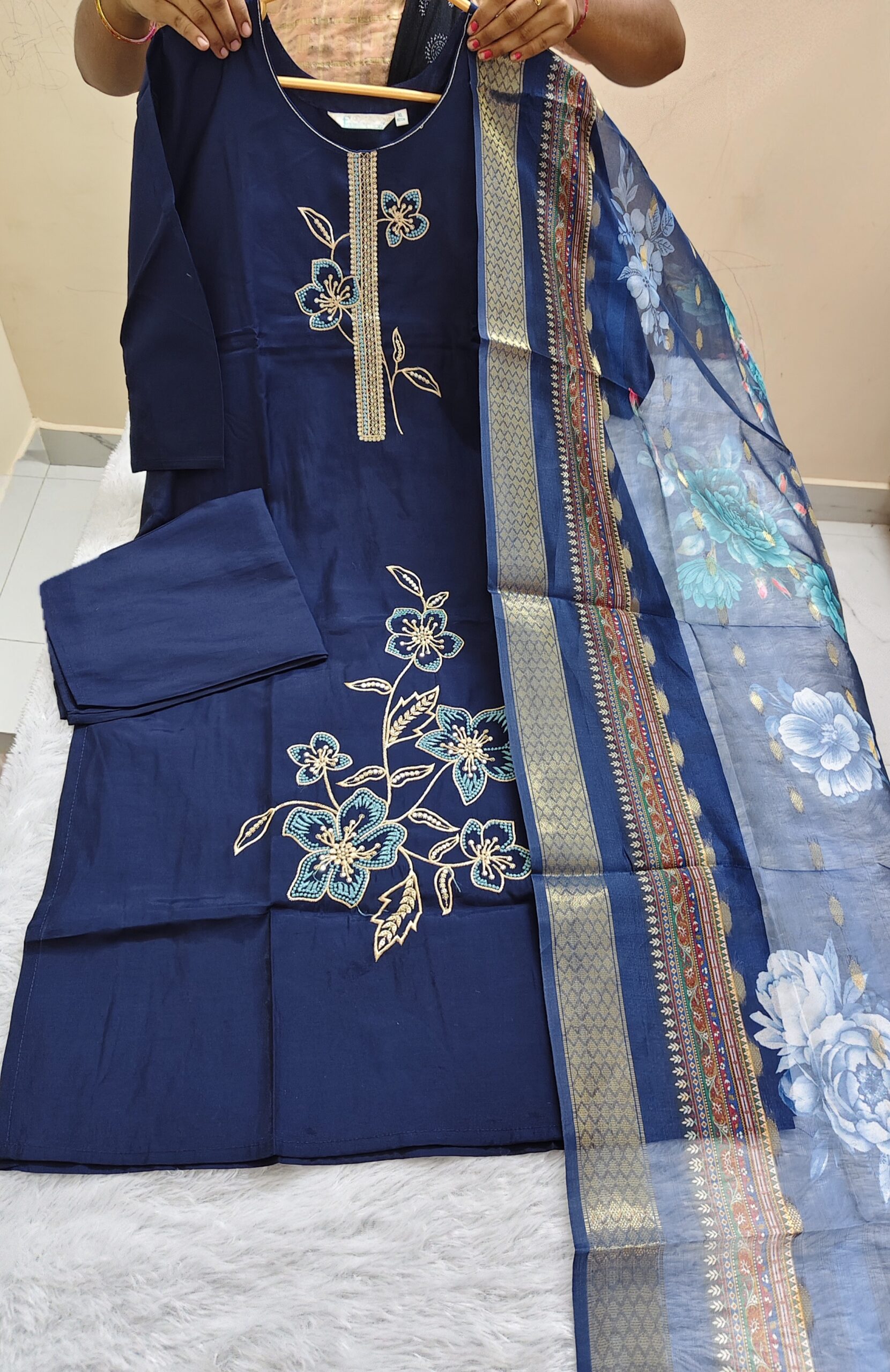 Roman Silk Kurti With Pant & Duppata Set